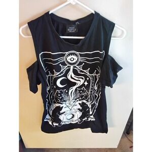 Restyle Black Cold Shoulder Occult Cat Pentagram Graphic Tee Gothic Top Large